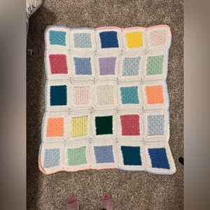 Handmade baby blanket knit granny square multi colored 48x40